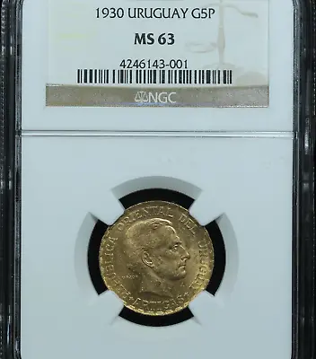 1930 Uruguay 5 Peso Gold Coin - NGC MS 63 (#2) • $828.99