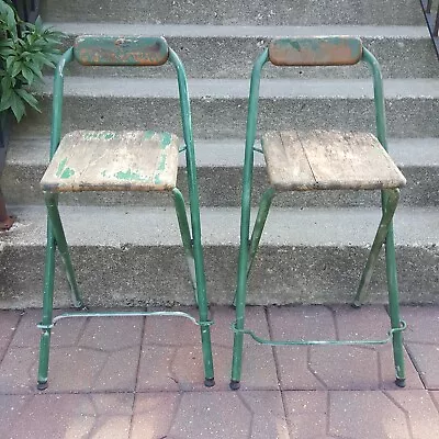 Vintage Rustic Garden Folding Chairs Weathered Green Wooden/Metal Barnwood PAIR • $389.99