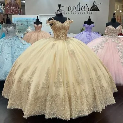 Gold Sweet 16 Glitter Quinceanera Dresses 3D Floral Birthday Pageant Ball Gowns • $143.99