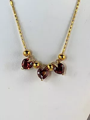 Gold Tone Box Style Chain Necklace With Red Heart Charms (NA34) • $12