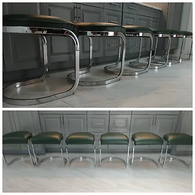 Milo Baughman Green Leather Chrome 6 Stools Chairs Mid Century Gone After March • $3200