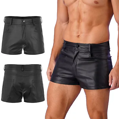 Men Wetlook Faux Leather Shorts Pockets Hot Pants Black Workout Bottoms Clubwear • £23.63