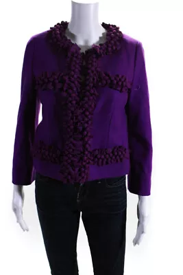 J Crew Womens Long Sleeve Hook Front Ruffled Jacket Purple Wool Size 4 • $42.69