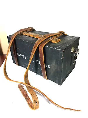Vintage Safe Chest Fireproof Metal Strong Box Leather Strap With New Keys • $63.75