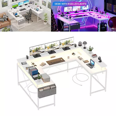 LED Computer Office Desk Workstation U-Shape Desk PC Gaming Table W/Power Outlet • $182