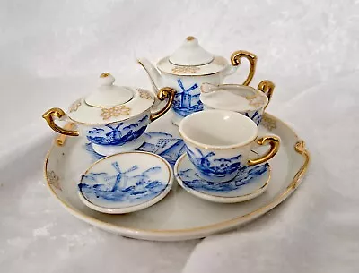 9 Pc Miniature Tea Set Blue/White Gold Trim Porcelain Holland Windmills • $10