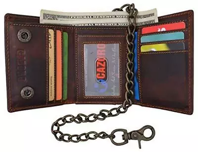 Vintage Brown Leather RFID Blocking Mens Biker Trifold Chain Wallet Trucker • $24.31