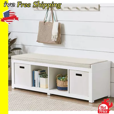 4-Cube Storage Organizer Bench Entryway Mudroom Foyer Wood Cushion Seat Modern • $141