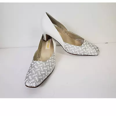 (A) Monzo & Franco Women's Shoes Size 11 Silver White Woven Square Heel Spain • $30