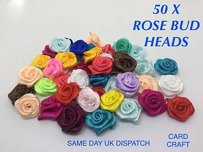 50 X Mix Colour 15mm Satin Ribbon Rose Bud Heads Craft Card Making Sewing Art • £3.49