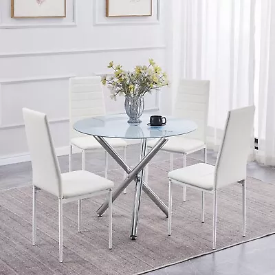 Round Marble Glass Dining Table Silver Legs&4x White Faux Leather Dining Chairs • $218.49