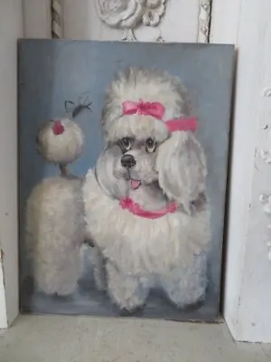 ADORABLE Vintage OIL PAINTING White POODLE DOG PINK BOWS  COLLAR & BEE On Canvas • $85