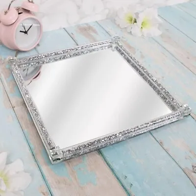 Elegant Square Crushed Crystal Diamante Decorative Vanity Mirror Silver Tray • £19.99