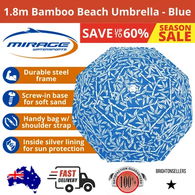 $32.74 • Buy Mirage 1.8m Bamboo Beach Umbrella Blue Summer Swimming W/ Handy Bag Sun Protect