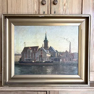 Vintage Oil On Canvas Original Danish Painting Industrial Harbour Scene • £45