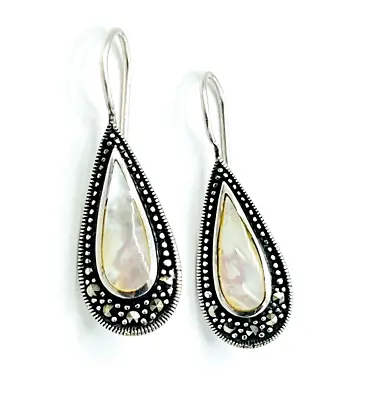 Vintage Sterling Silver 925 A Marcasite Mother Of Pearl MOP Teardrop Earrings • $30