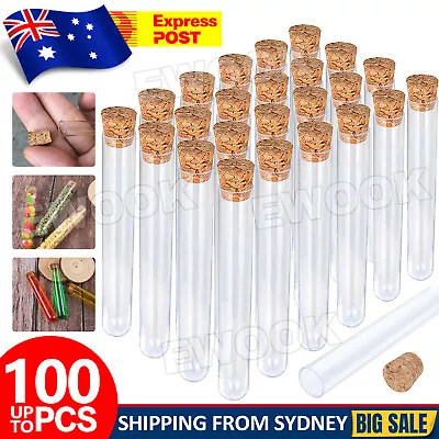 UP 100 X Clear Plastic Test Tube With Wooden Cork Stopper Wedding Favors Bottles • $15.45