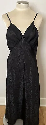 Vintage Black Nightgown Med Floral Sheer Bust Negligee Long Strappy Silky • £16.40