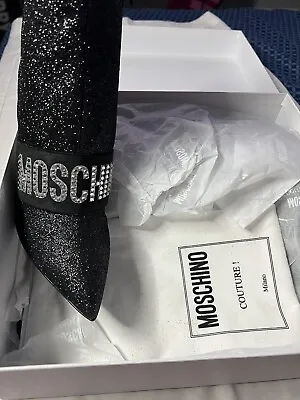 MOSCHINO Milano Black Glitter  Boots Heels Shoes 39(9) • $130