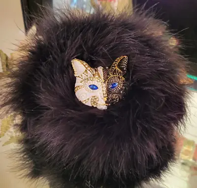 LARGE Dusting Body Powder Puff Down Feather Trim Rhinestone Cat Mask Handle • $44.95