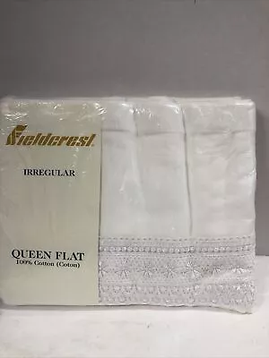 Rare Vtg  Fieldcrest Queen White  Decorative Lace Edged  Flat Sheet  IRREG • $45