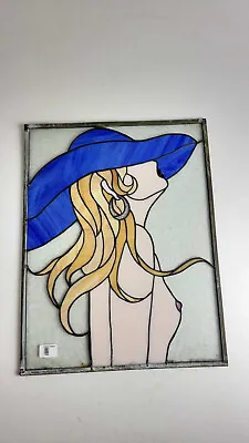 Vintage Stained Glass Window Nude Women With Hat Mid Century Modern 22x17  • $199.99