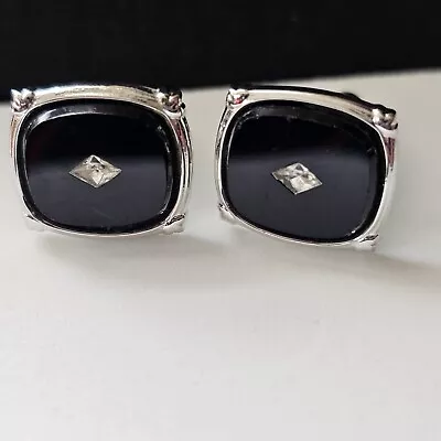 Vintage SHIELDS Black Onyx Silver & Rhinesrone Classic CUFFLINKS Signed Mcm • $15