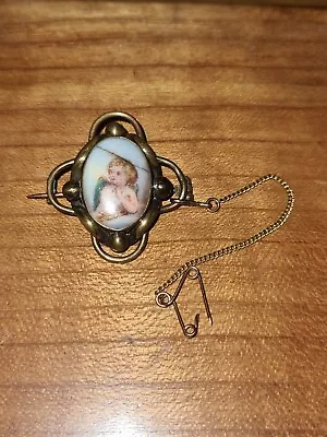 Antique Porcelain Hand Painted Angel / Cherub Brooch - See Pictures  • £15