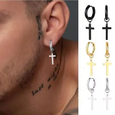 Men Women Cross Dangle Hoop Earrings Surgical Steel Ear Piercing Punk Jewellery • £3.99