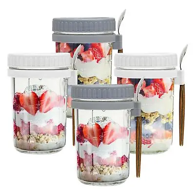 4 Pack Overnight Oats Container Oatmeal Glass Jars With Lid And Spoon Mason Jars • £14.99