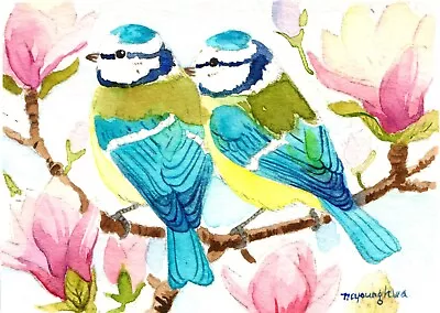 ACEO ORIGINAL Watercolor Spring Bluetits Flower Collectible Art Gift Bird Lovers • $16.50