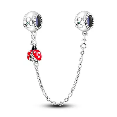 Ladybird Four Leaf Clover Lucky Safety Chain Charm Sterling Silver 925 • £12.99