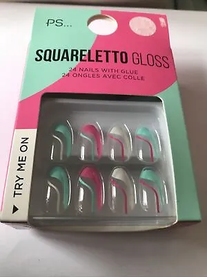 Primark 24pc Squareletto Gloss False Nails Inc Glue - BNIB • £0.99