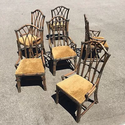 Vintage Rattan Bamboo Leather Chinese Chippendale Tiki Tropical Dining Chairs 6 • $1950