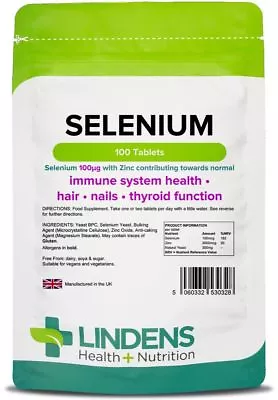 Selenium 100mcg With Zinc X 100 Tablets; Immune Hair Nails; Lindens  • £5.95