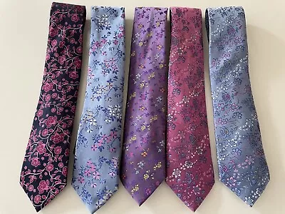 5 X Men’s M&S Floral Silk Ties Pinks Blues Purples • £20