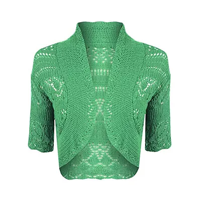 Women Ladies Crochet Knitted Bolero Shrug Open Front Cardigan Top UK Size 8-30 • £12.49