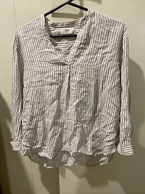 $12 • Buy UNIQLO Striped Cream Grey Linen Shirt Medium 10