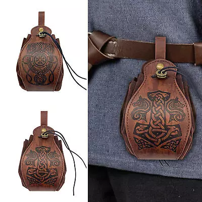 Medieval PU Leather Pouch Vintage Belt Drawstring Purse Viking Waist Bag Cosplay • £14.83