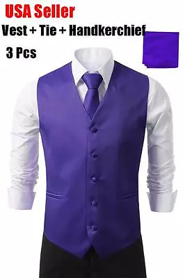 Purple Men's Formal Casual Dress Vest Tie Slim Suit Tuxedo Waistcoat Coat SET • $22.99