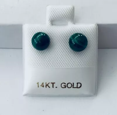 Solid 14K Yellow Gold Natural Malachite  6 Mm Round Ball Stud Earrings NEW • $23.95