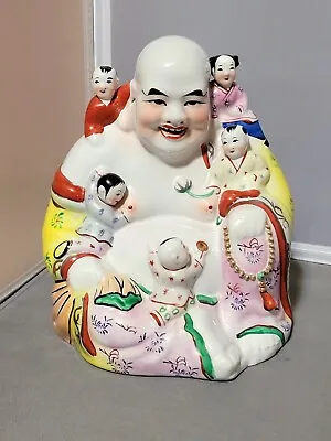 Happy Smiling Laughing Buddha With Children Statue Figure Chinese Porcelain Vtg • £51.46