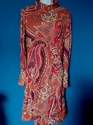 Vintage 60s Dress Size S Mod Boho Hippy Psychedelic Print Wool Blend Retro Mid C • £35