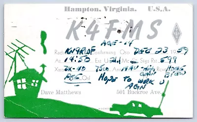 QSL CB Ham Radio Card K4FMS Dave Matthews Hampton VA 1959 Home & Car Silhouette • $5