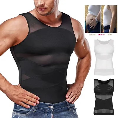 Men's Compression Shirt Body Shaper Slimming Vest Tight Tummy Control Tank Top • £14.79