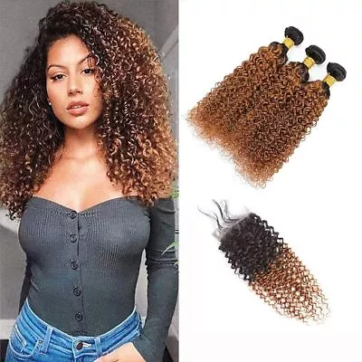 22 Inch Human Hair Kinky Curly Bundles With Closure 4X4 Lace Free Part Wet Wavy • $19.90