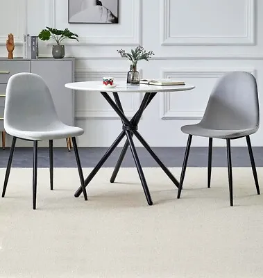 Small Round White Marble Effect Dining Table And 2 Grey Fabric Chairs Set • £169.99