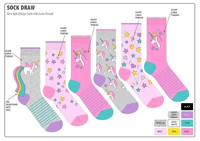 Girls 6 Pack Design Cotton Rich Socks Unicorns & Sausage Dog & Purr-fect Paws • £4.99