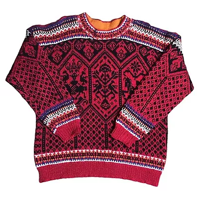 Vintage Sweater Mens Measured Hand Made Thick Knit Horse Red Black • $26.67