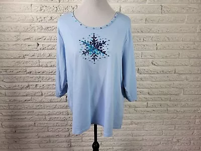 Quacker Factory Womens Top 2X 3/4 Sleeve Blue Winter Snowflake Sequins Casual • $19.59